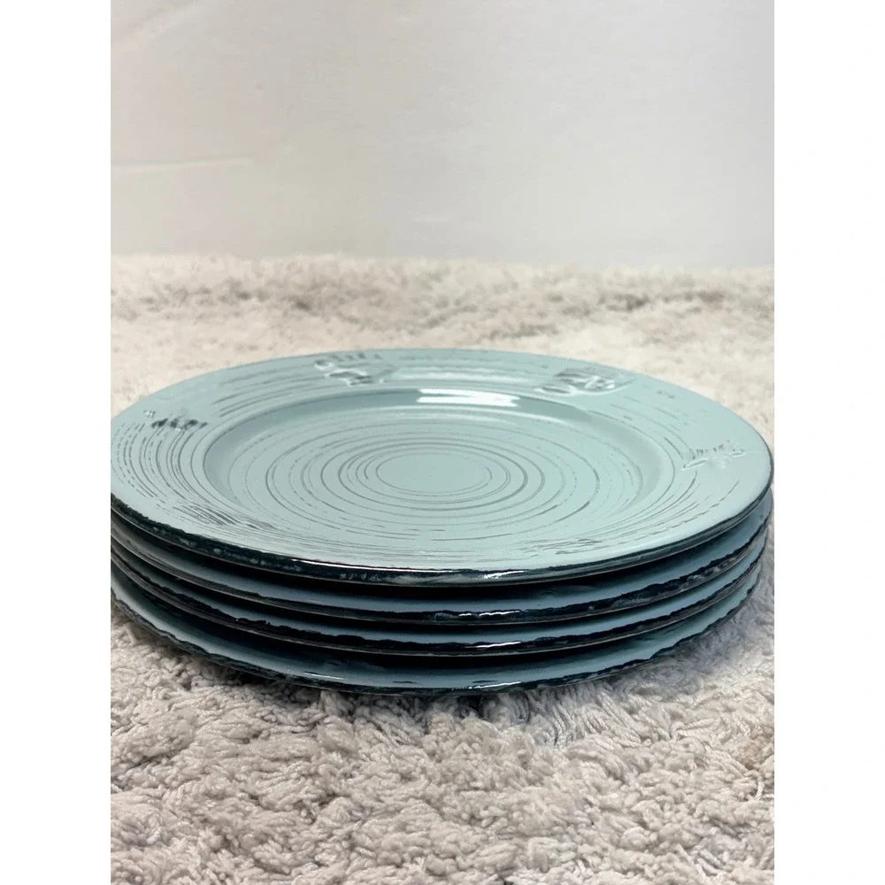 Pfaltzgraff Trellis Coastal Teal Salad Plates Set of 4 Starfish Shells 8.25in